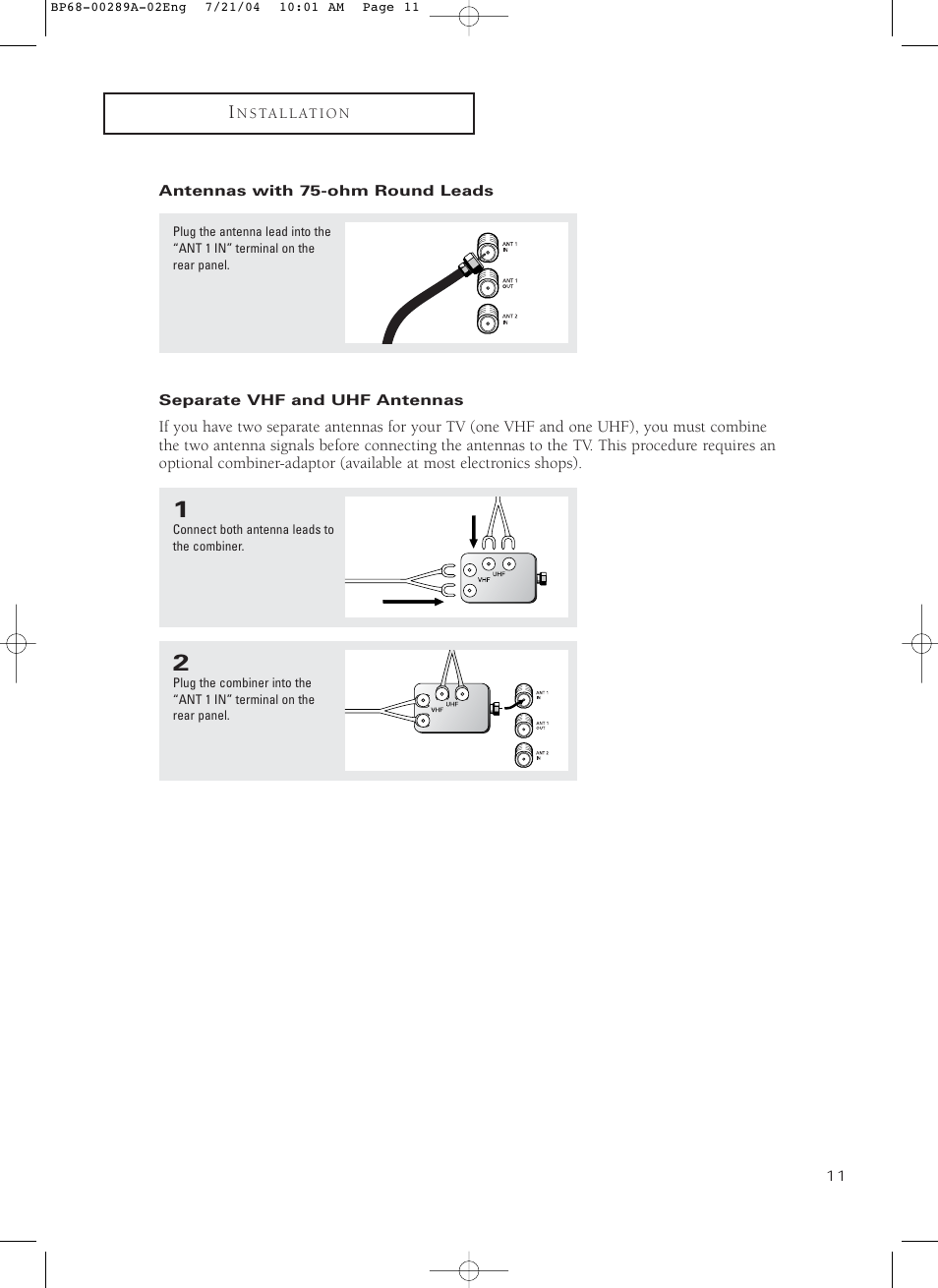 Antennas with 75-ohm round leads, Separate vhf and uhf antennas | Samsung HC-P4752W User Manual | Page 11 / 71