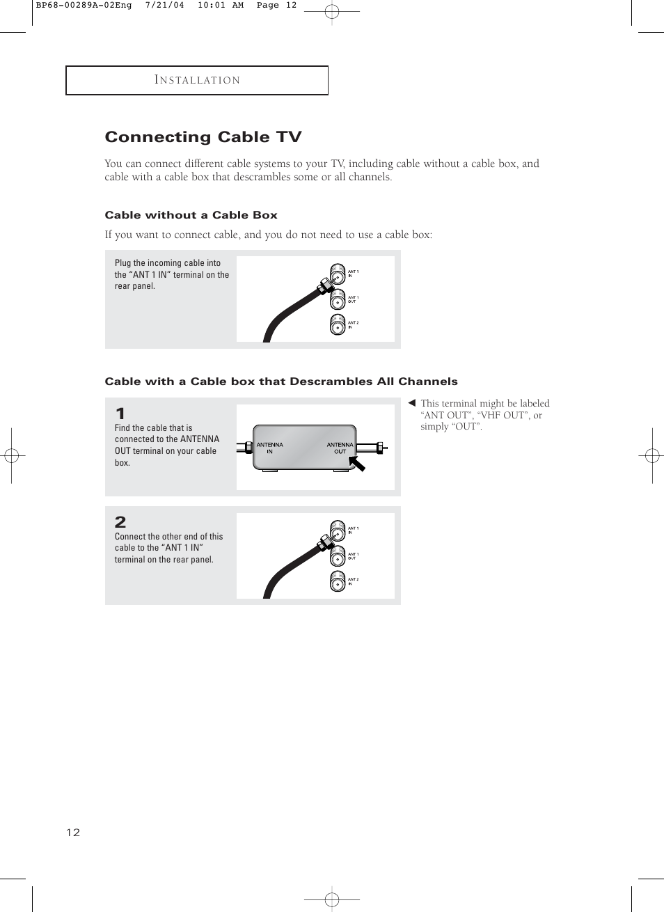 Connecting cable tv, Cable without a cable box | Samsung HC-P4752W User Manual | Page 12 / 71