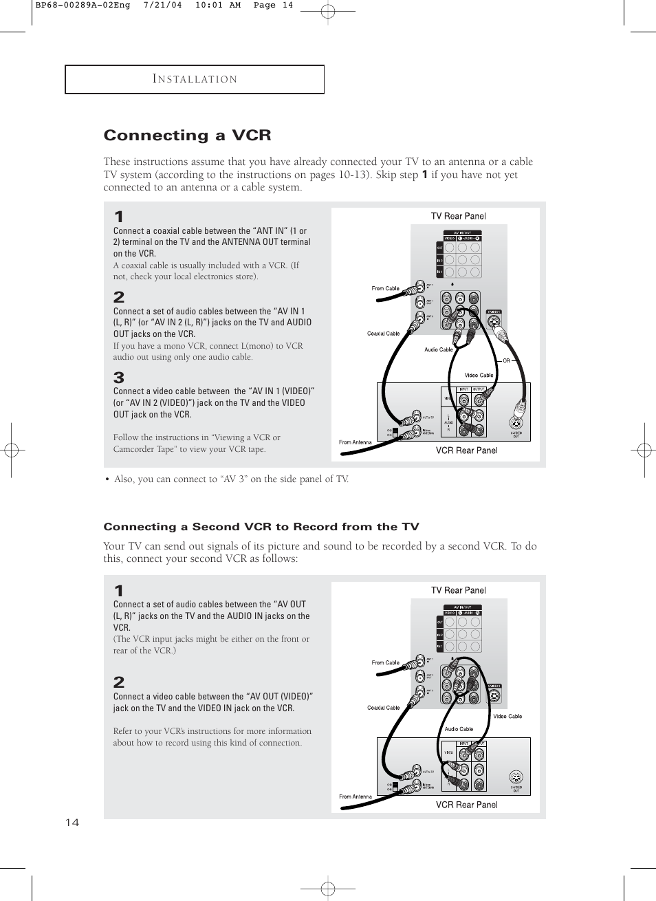Connecting a vcr, Connecting a second vcr to record from the tv | Samsung HC-P4752W User Manual | Page 14 / 71