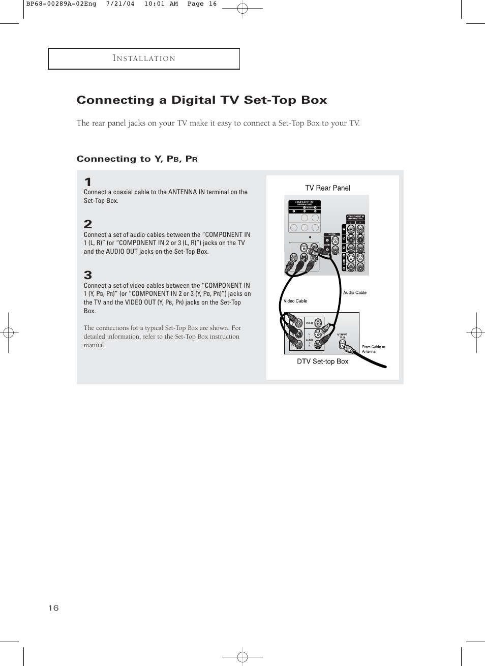 Connecting a digital tv set-top box, Connecting to y, pb, pr | Samsung HC-P4752W User Manual | Page 16 / 71