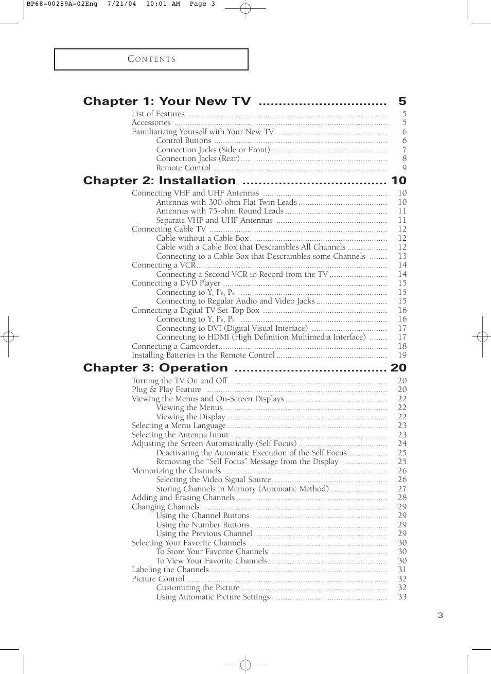 Chapter 1: your new tv, Chapter 2: installation, Chapter 3: operation | Samsung HC-P4752W User Manual | Page 3 / 71