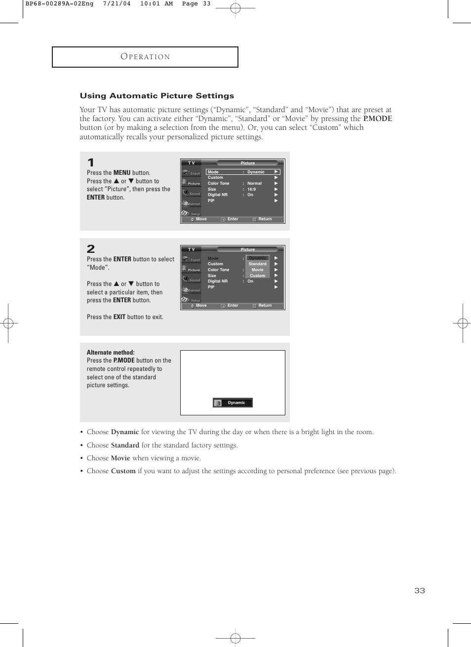 Using automatic picture settings | Samsung HC-P4752W User Manual | Page 33 / 71