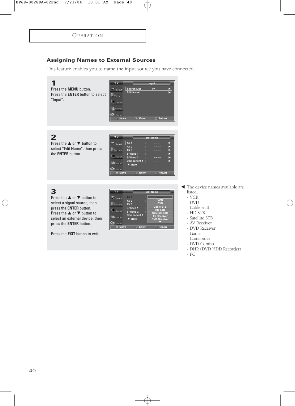 Assigning names to external sources | Samsung HC-P4752W User Manual | Page 40 / 71