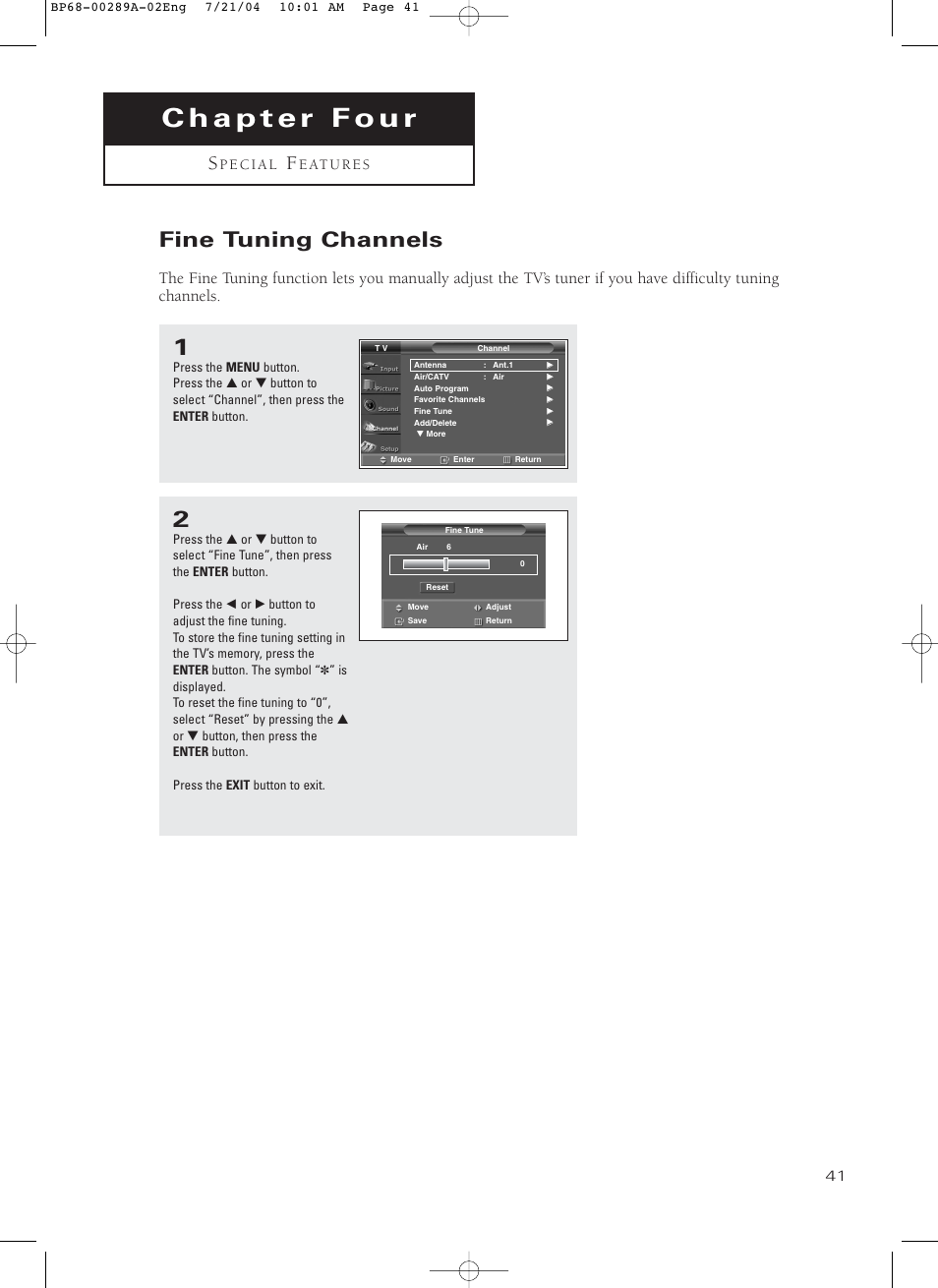 Chapter 4: special features, Fine tuning channels | Samsung HC-P4752W User Manual | Page 41 / 71