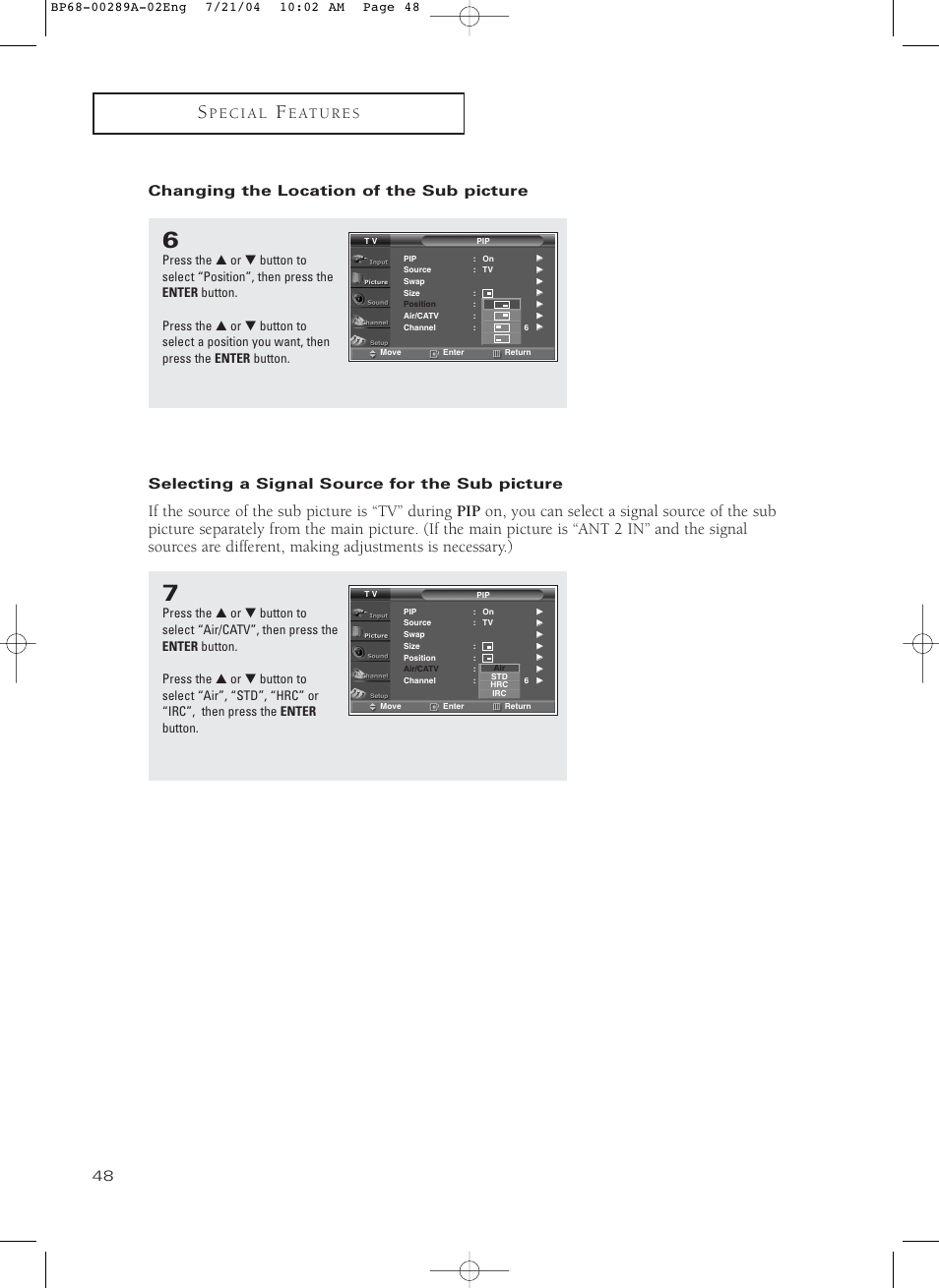 Changing the location of the sub picture, Selecting a signal source for the sub picture | Samsung HC-P4752W User Manual | Page 48 / 71