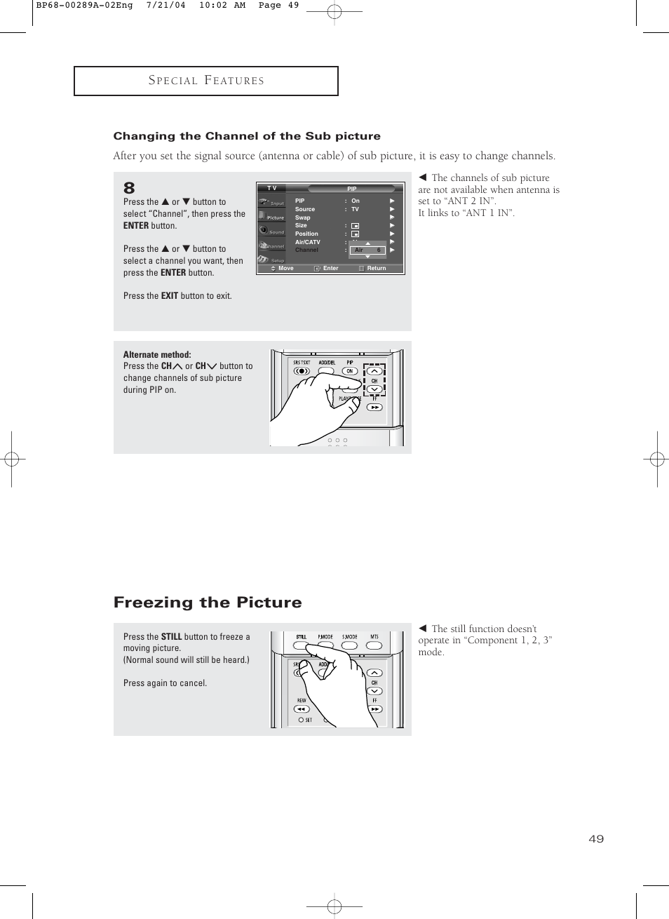 Changing the channel of the sub picture, Freezing the picture | Samsung HC-P4752W User Manual | Page 49 / 71