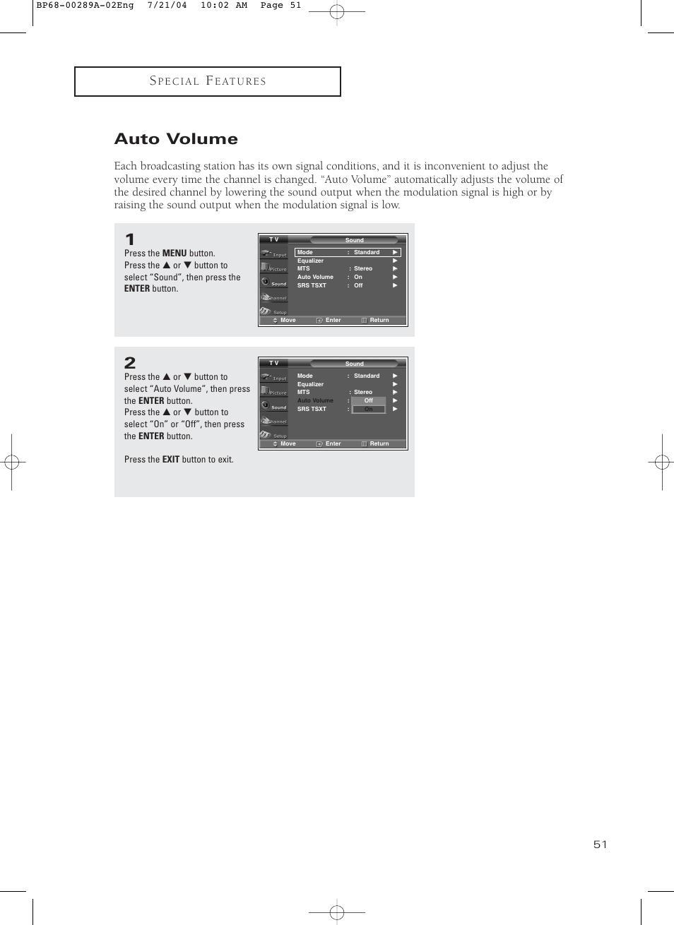 Auto volume | Samsung HC-P4752W User Manual | Page 51 / 71