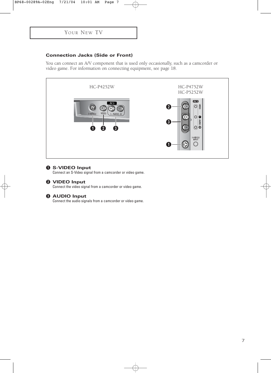Connection jacks (side or front) | Samsung HC-P4752W User Manual | Page 7 / 71