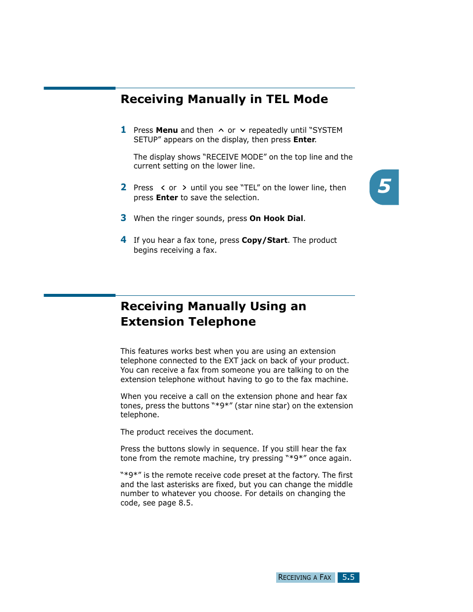 Receiving manually in tel mode, Receiving manually using an extension telephone | Samsung Msys SF-830 User Manual | Page 74 / 156