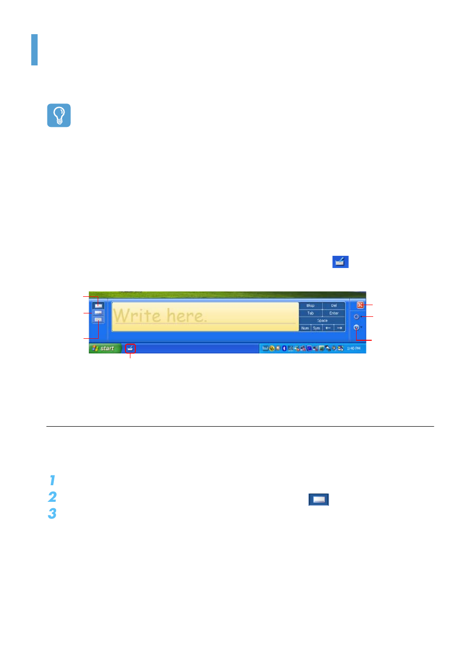 Entering text, Using the tablet pc input panel, Entering text using the writing pad | Samsung Q1B User Manual | Page 22 / 141