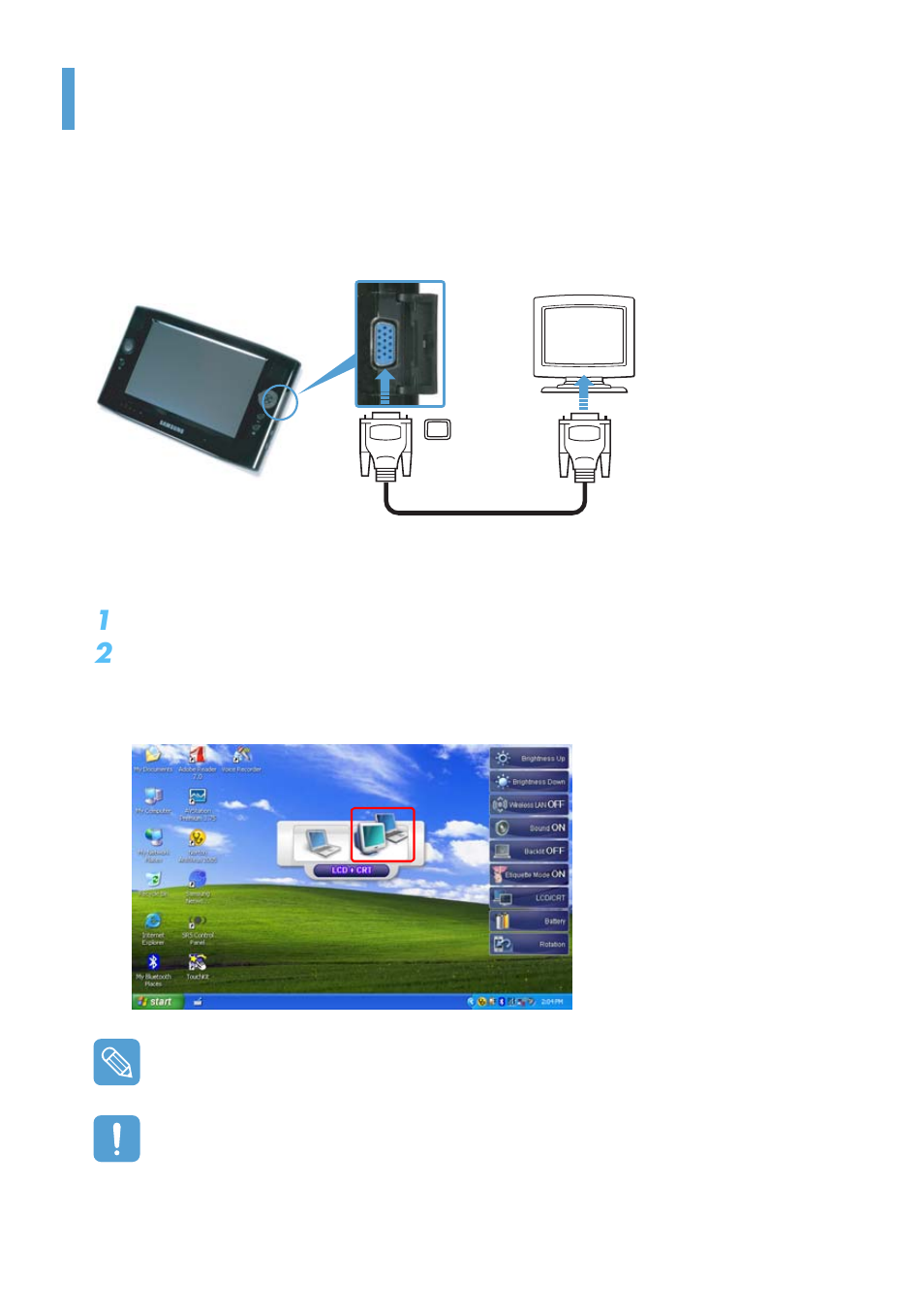 Using an external monitor, Connecting a monitor, Viewing on a monitor | Samsung Q1B User Manual | Page 31 / 141