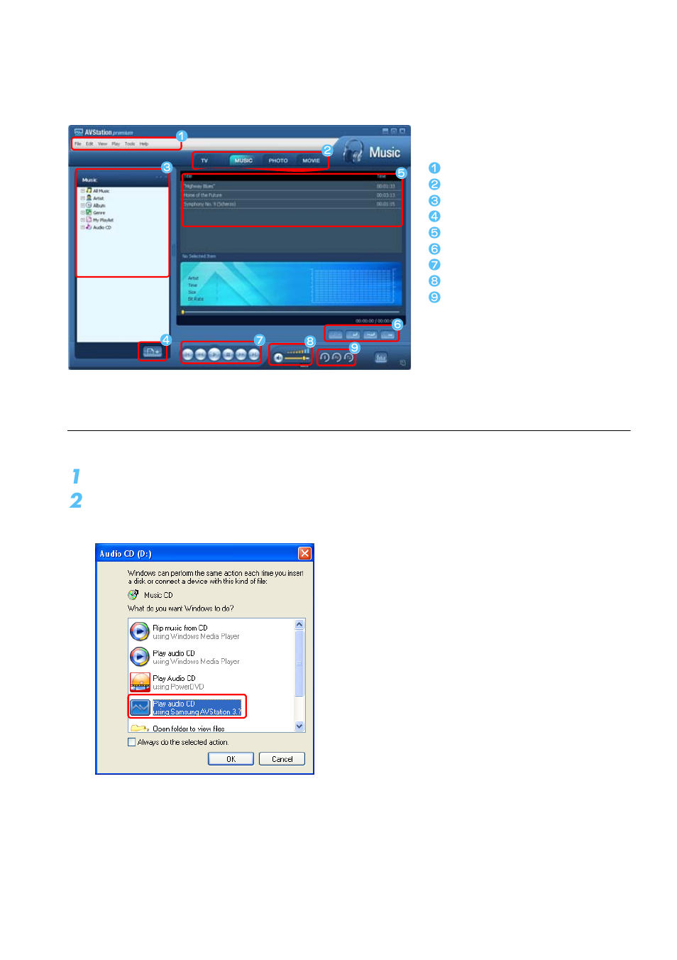 Music station, Playing an audio cd | Samsung Q1B User Manual | Page 70 / 141