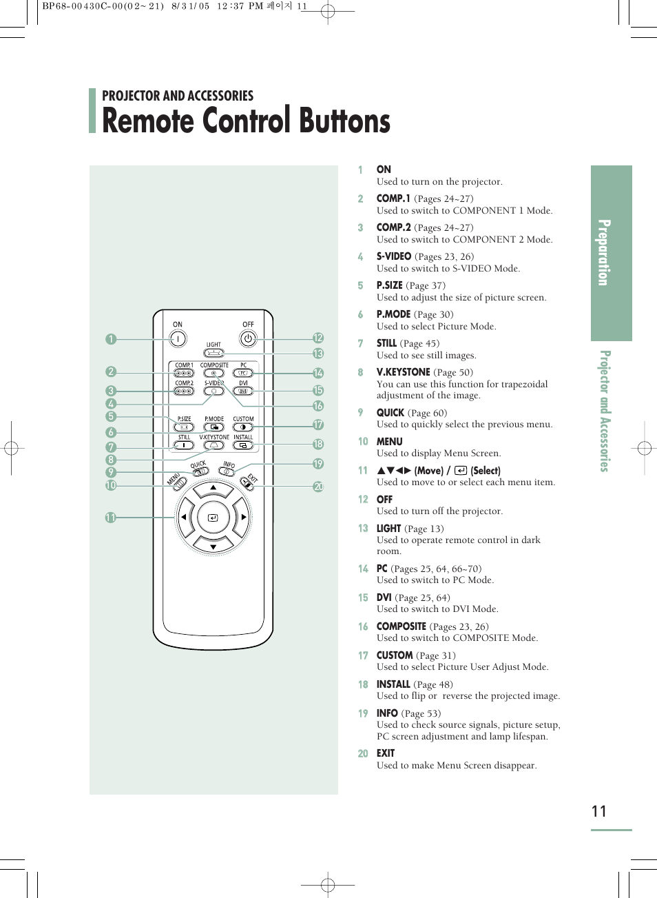 Remote control buttons, Preparation, Projector and accessories | Samsung SP-H800 User Manual | Page 11 / 87