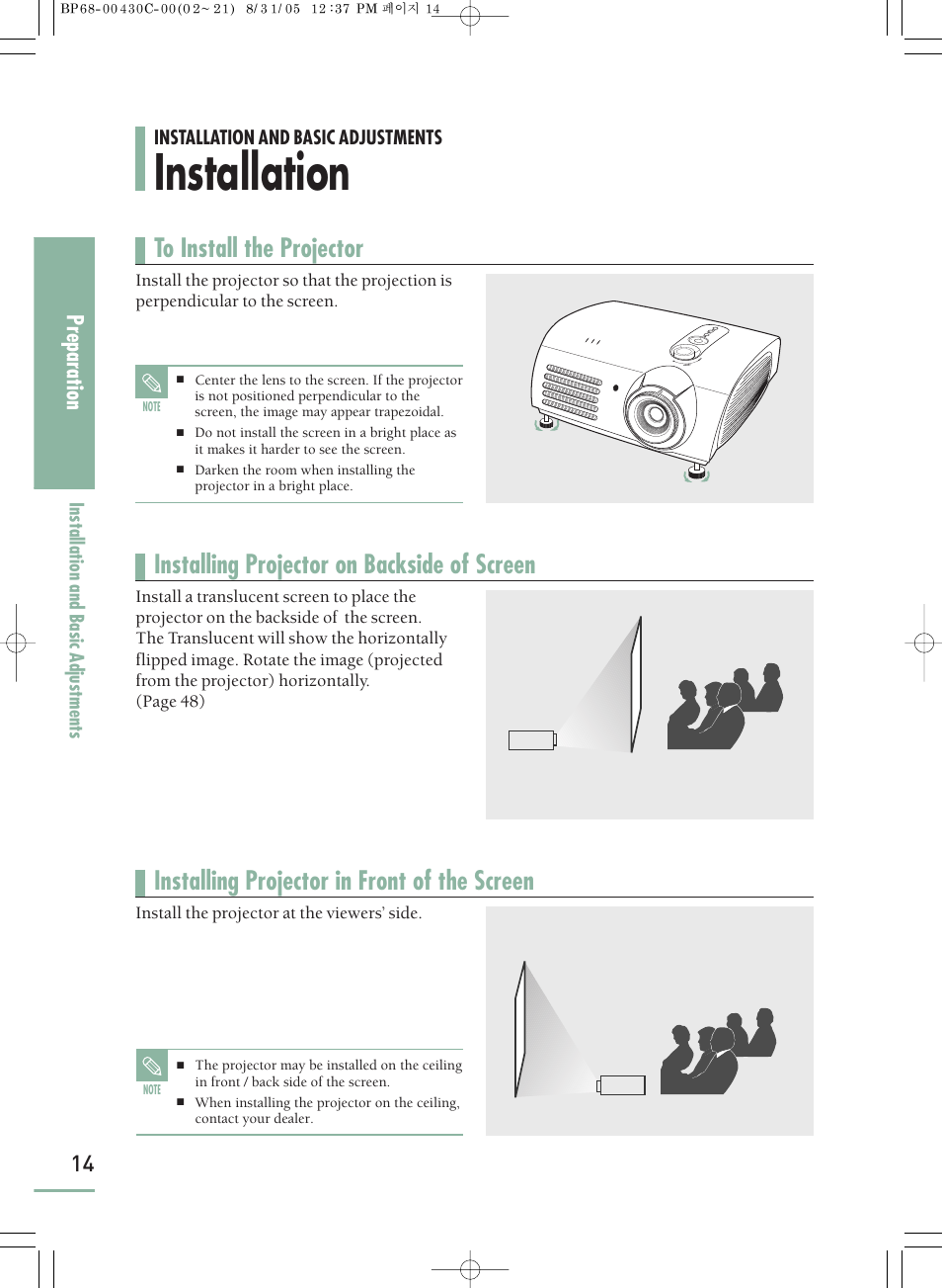 Installation and basic adjustments, Installation, Turning on/off | Preparation | Samsung SP-H800 User Manual | Page 14 / 87