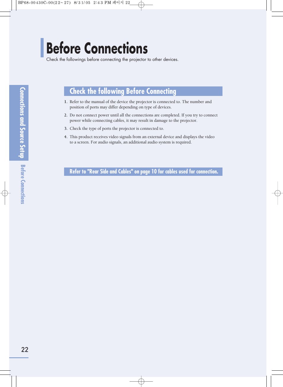 Before connections, Check the following before connecting | Samsung SP-H800 User Manual | Page 22 / 87