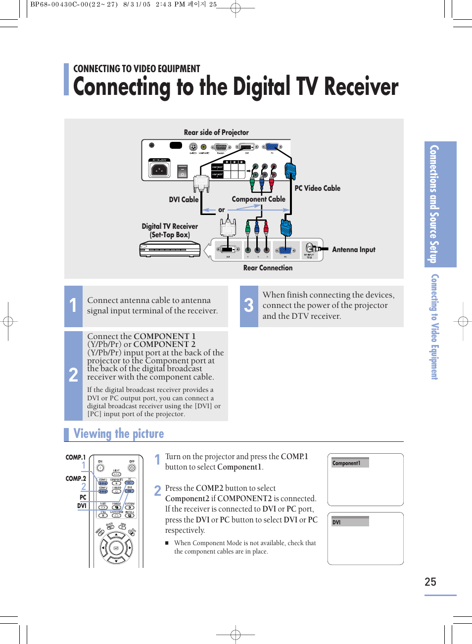 Connecting to the digital tv receiver, Viewing the picture | Samsung SP-H800 User Manual | Page 25 / 87