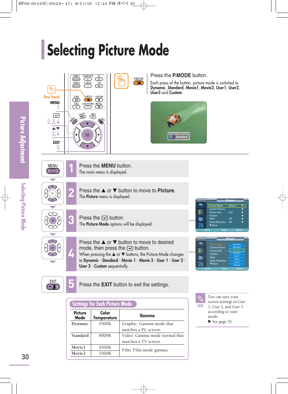 Selecting picture mode, Picture adjustment, Press the p.mode button | Press the menu button, Press the ▲ or ▼ button to move to picture, Press the button, Press the exit button to exit the settings, Settings for each picture mode | Samsung SP-H800 User Manual | Page 30 / 87