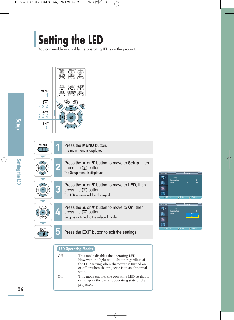 Setting the led, Setup | Samsung SP-H800 User Manual | Page 54 / 87