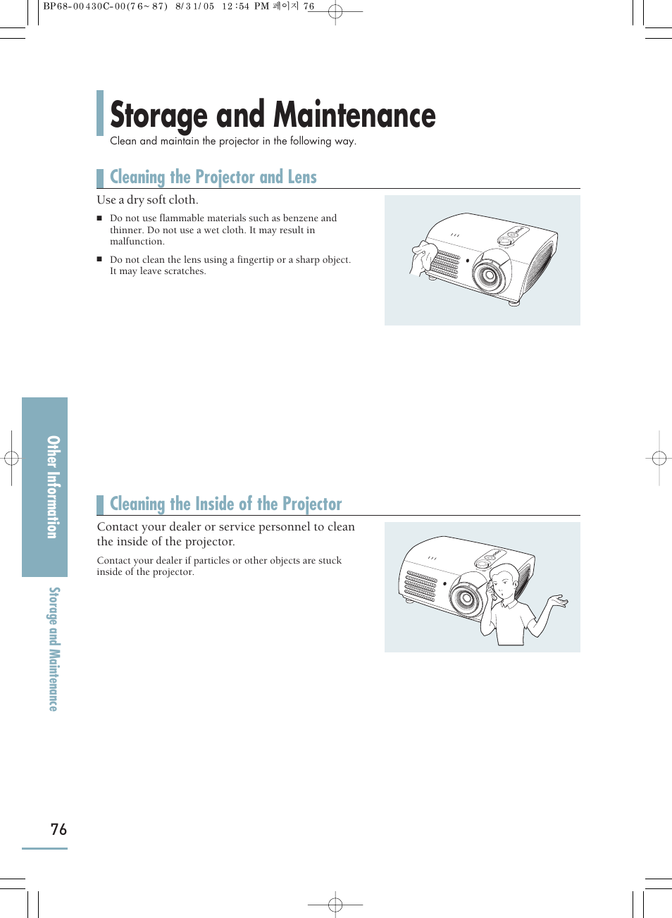 Storage and maintenance, Cleaning the projector and lens, Cleaning the inside of the projector | Samsung SP-H800 User Manual | Page 76 / 87