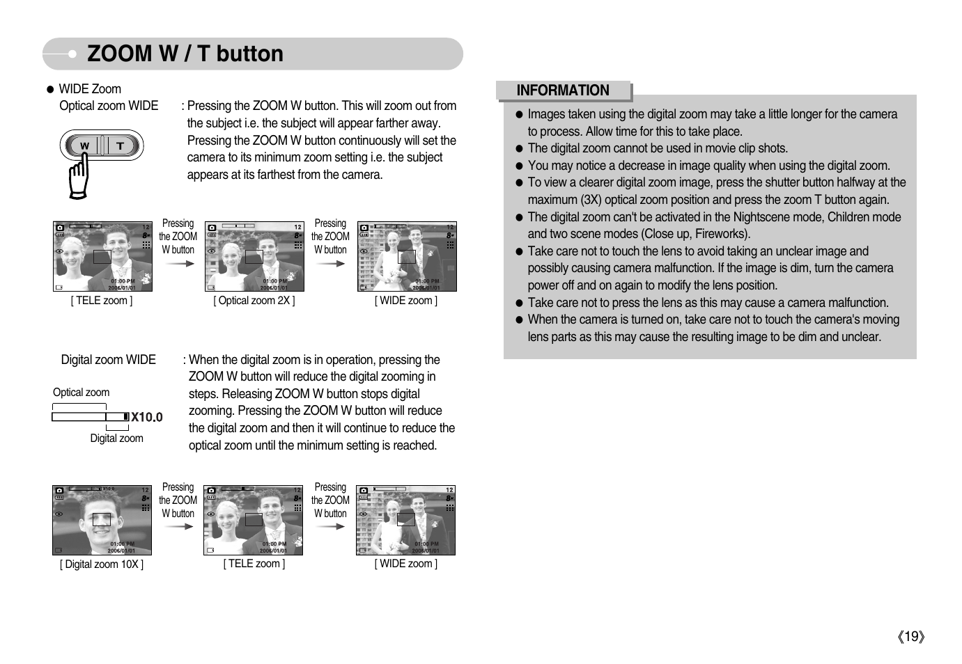 Zoom w / t button | Samsung Digimax S800 User Manual | Page 20 / 82