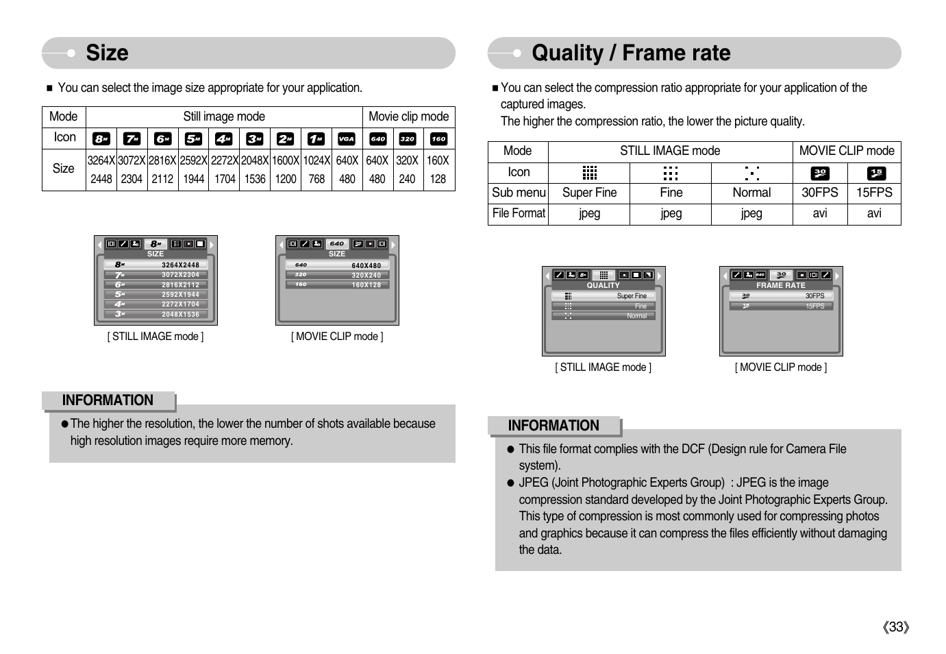 Size quality / frame rate | Samsung Digimax S800 User Manual | Page 34 / 82