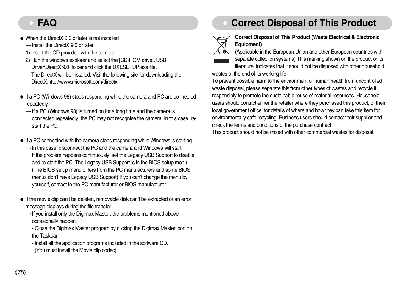 Faq correct disposal of this product | Samsung Digimax S800 User Manual | Page 79 / 82
