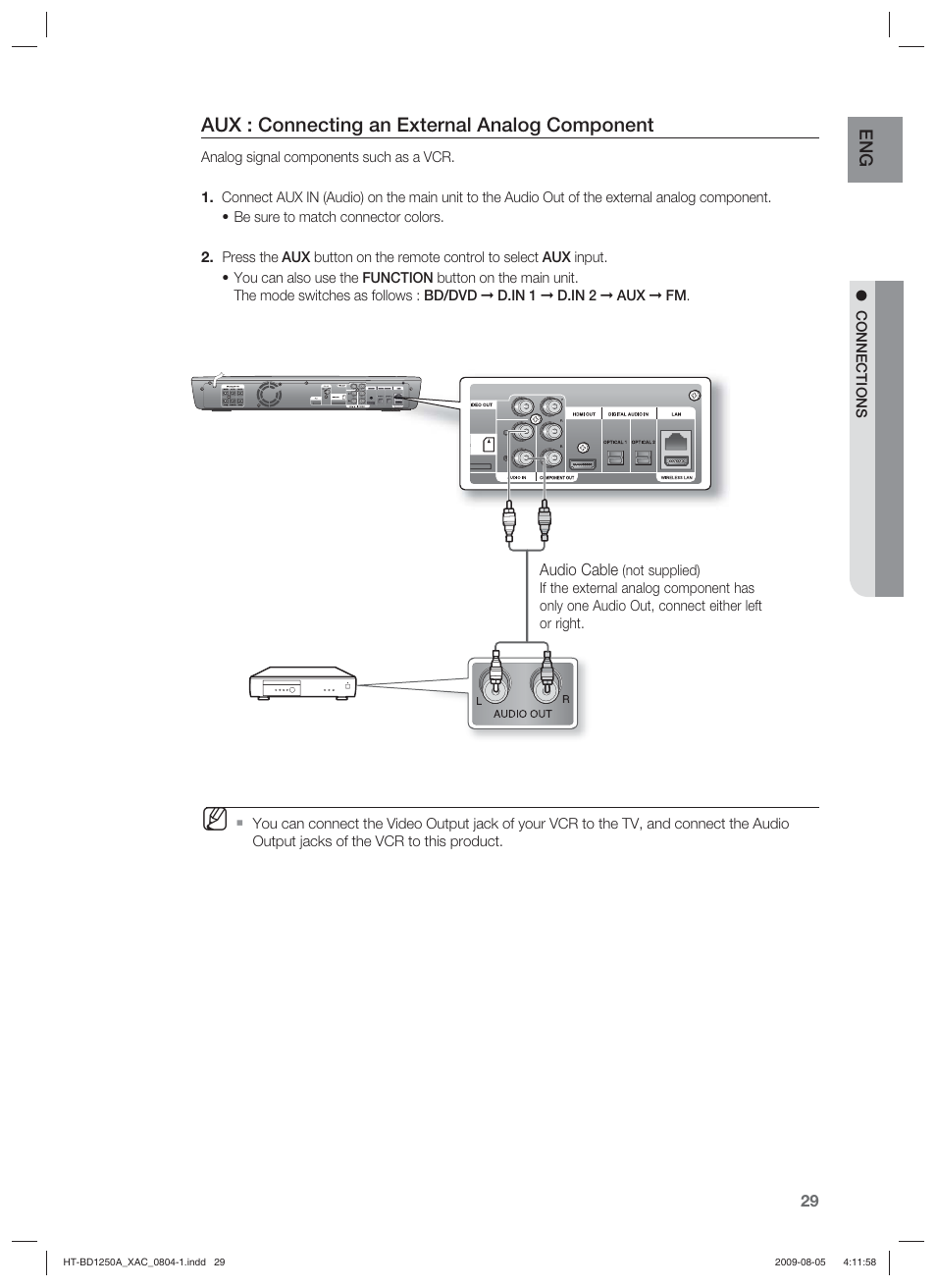 Aux : connecting an external analog component | Samsung HT-BD1255 User Manual | Page 29 / 104