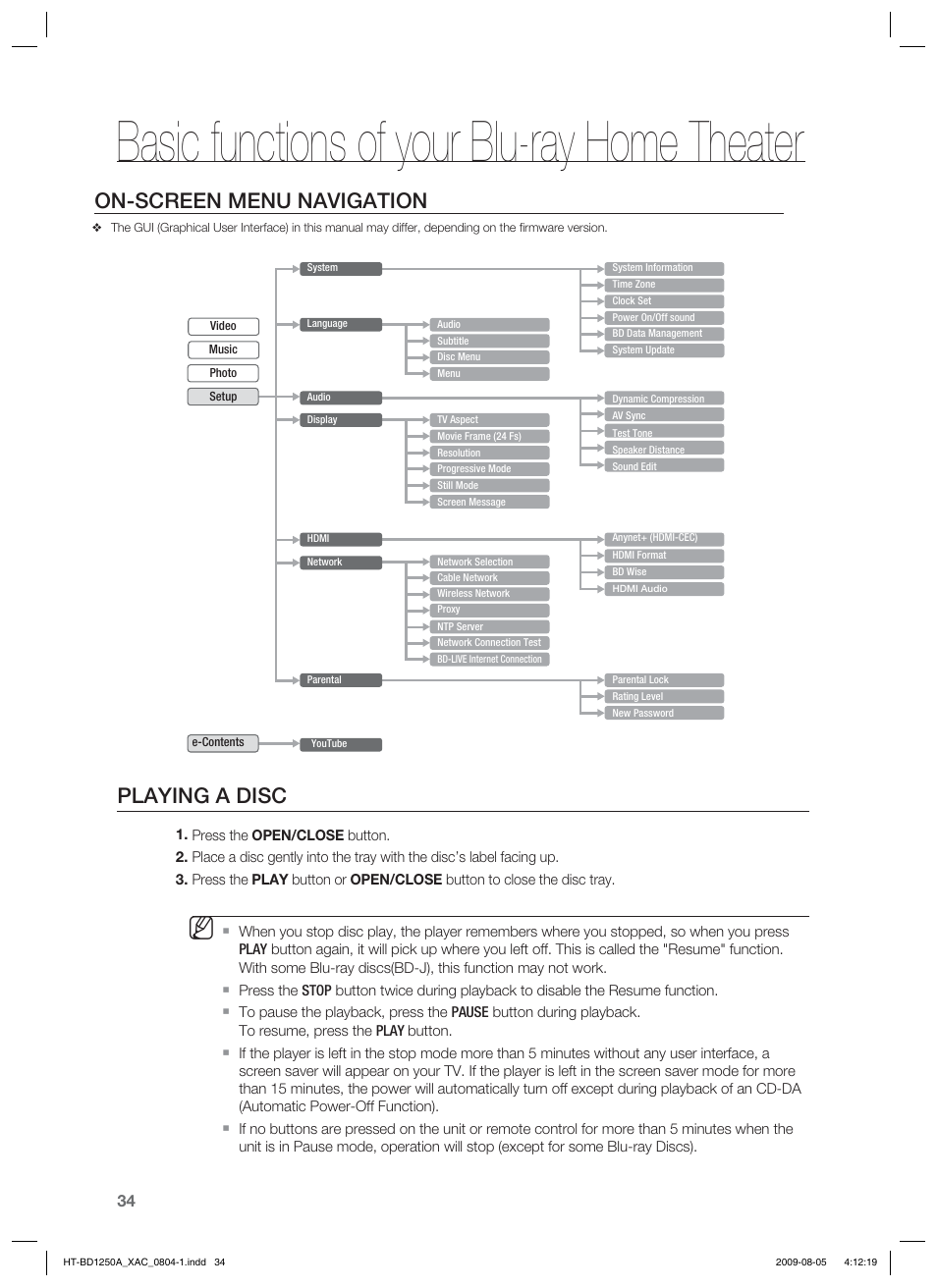 Basic functions of your blu-ray home theater, On-screen menu navigation, Playing a disc | Samsung HT-BD1255 User Manual | Page 34 / 104