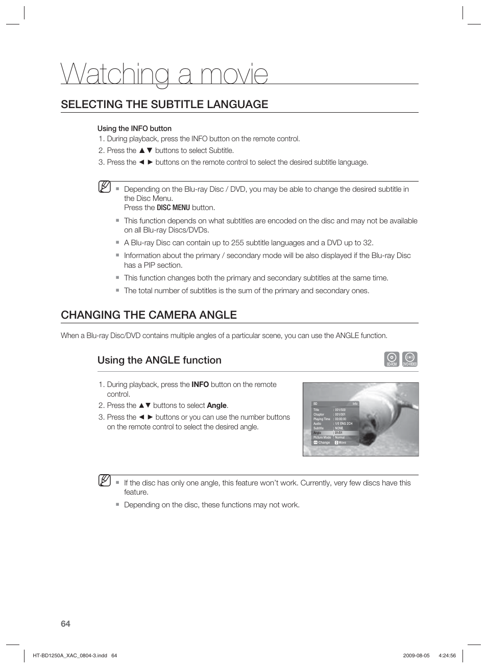 Watching a movie, Selecting the subtitle language, Changing the camera angle | Using the angle function | Samsung HT-BD1255 User Manual | Page 64 / 104