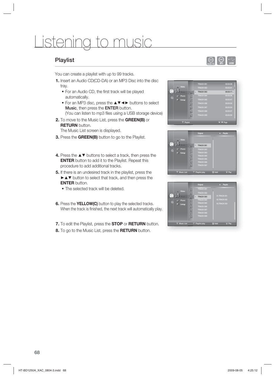 Listening to music, Playlist | Samsung HT-BD1255 User Manual | Page 68 / 104