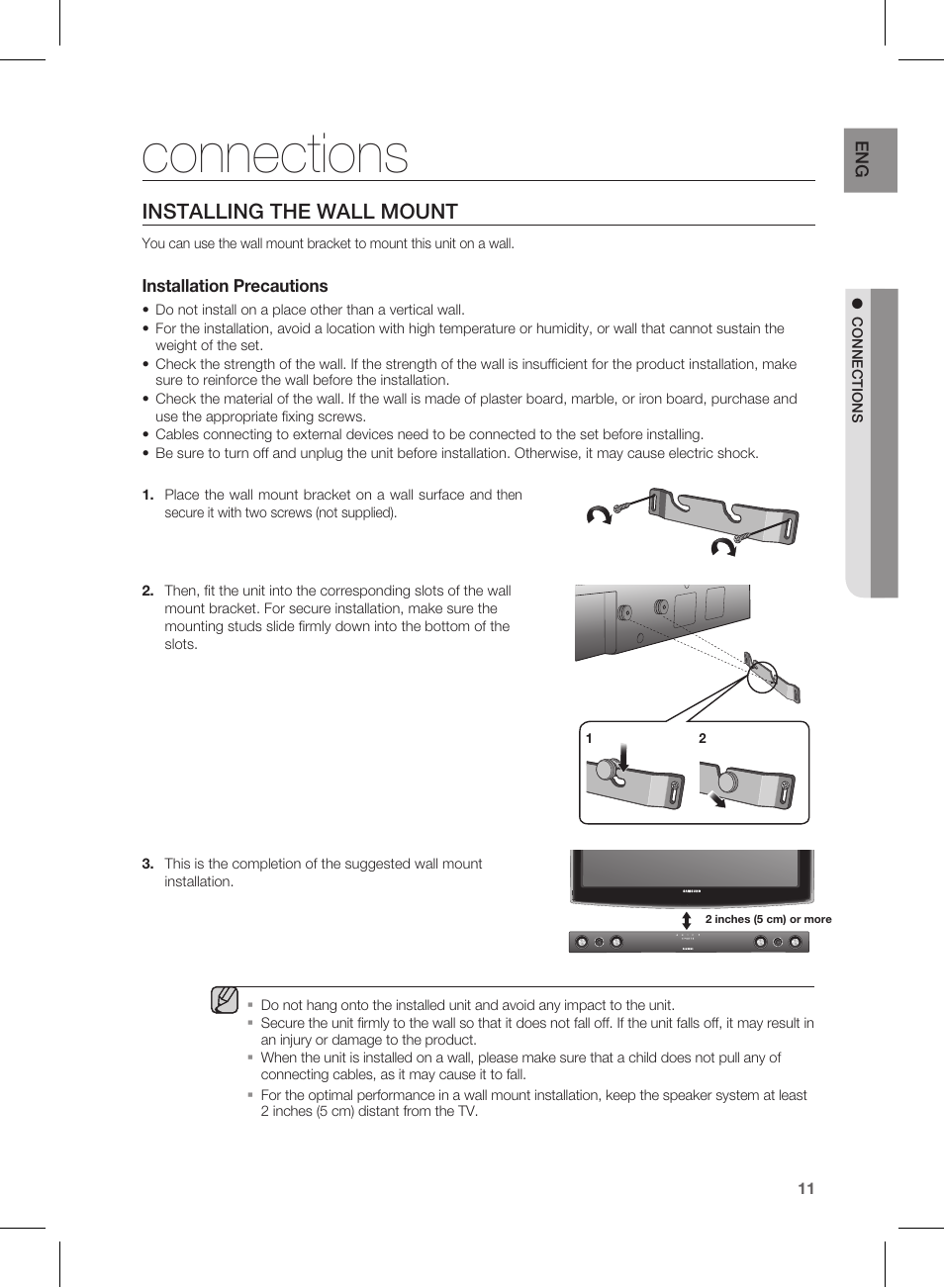 Connections, In stalling the wall mount, Installing the wall mount | Samsung HW-D550 User Manual | Page 11 / 25