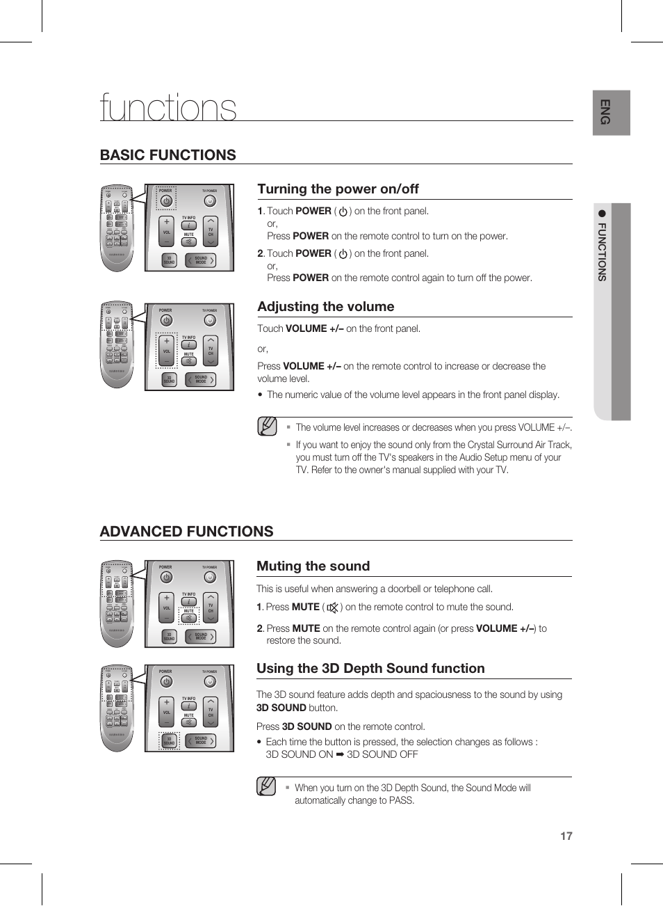 Functions, Basic functions, Turning the power on/off | Adjusting the volume, Advanced functi ons, Muting the sound, Using the 3d depth sound function, Advanced functions basic functions, F un ctio n s, Tv power | Samsung HW-D550 User Manual | Page 17 / 25