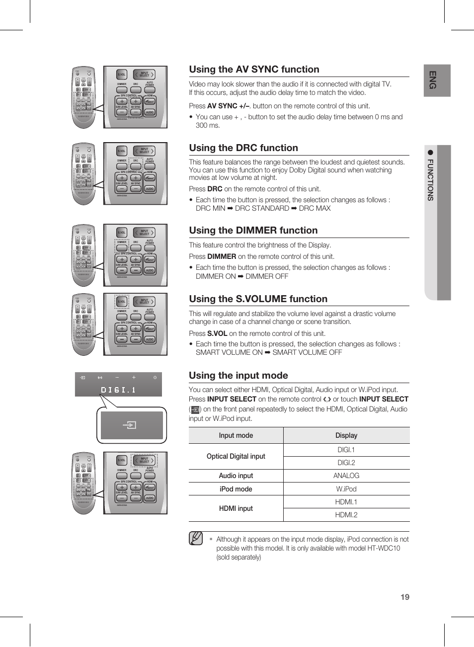 Using the av syn c function, Using the drc function, Using the dimmer function | Using the s.volu me function, Using the input mode, Using the av sync function, Using the s.volume function, F un ctio n s, Tv power, Or touch input select | Samsung HW-D550 User Manual | Page 19 / 25