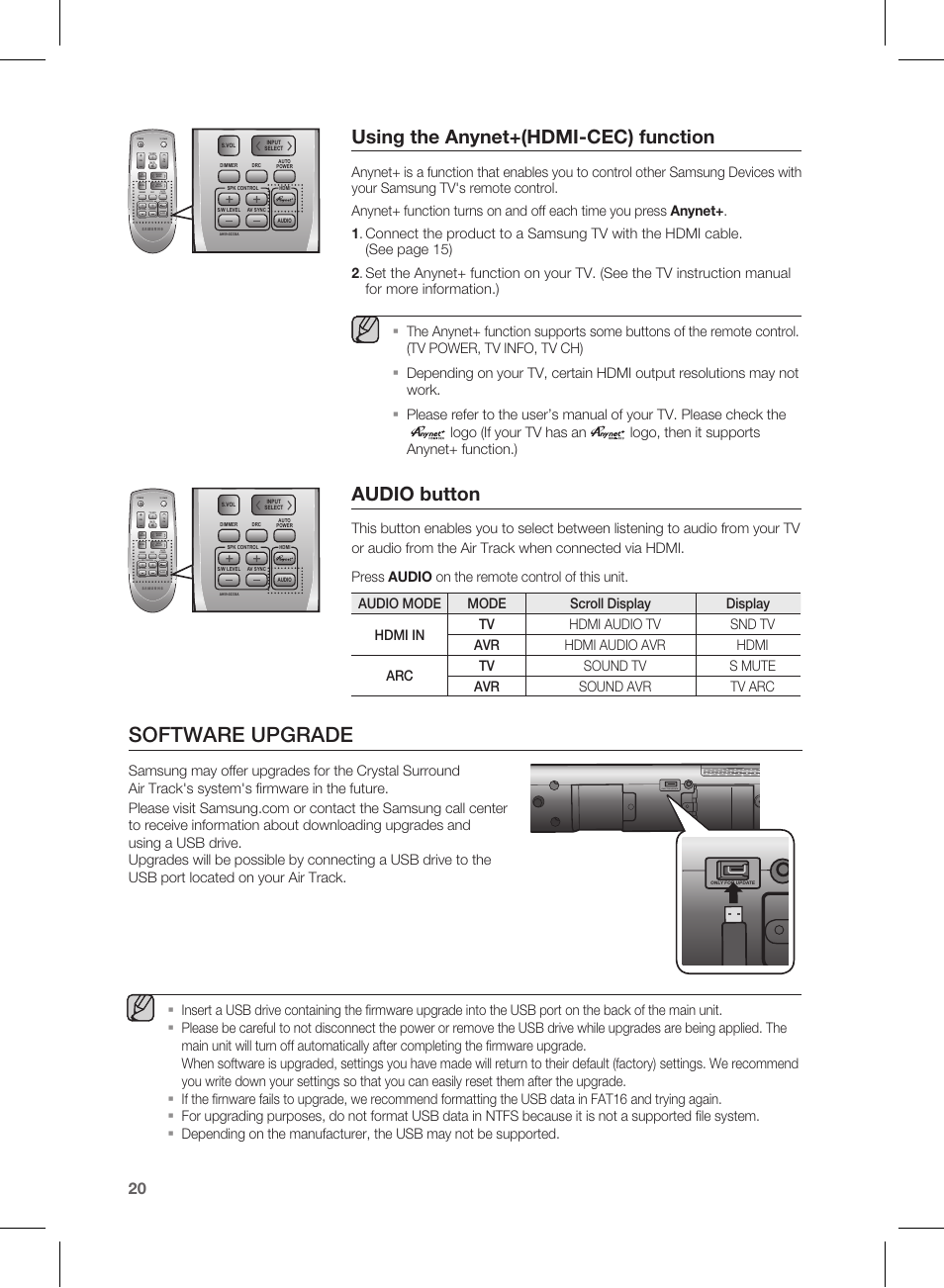 Using the anynet+(hdmi-cec) function, Audio button, Software upgrade | Tv power | Samsung HW-D550 User Manual | Page 20 / 25