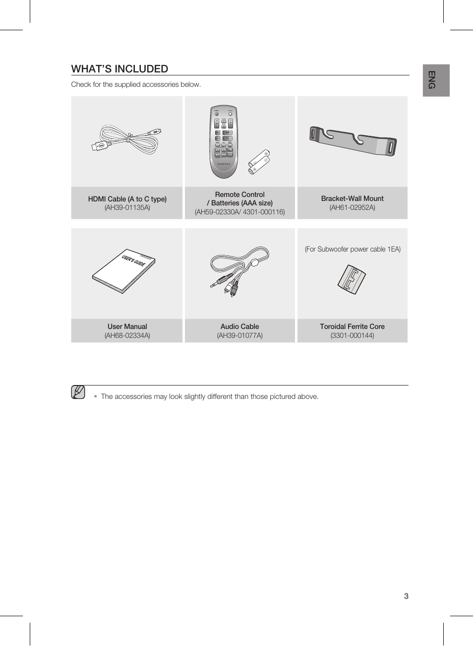 What’s included, For subwoofer power cable 1ea) | Samsung HW-D550 User Manual | Page 3 / 25
