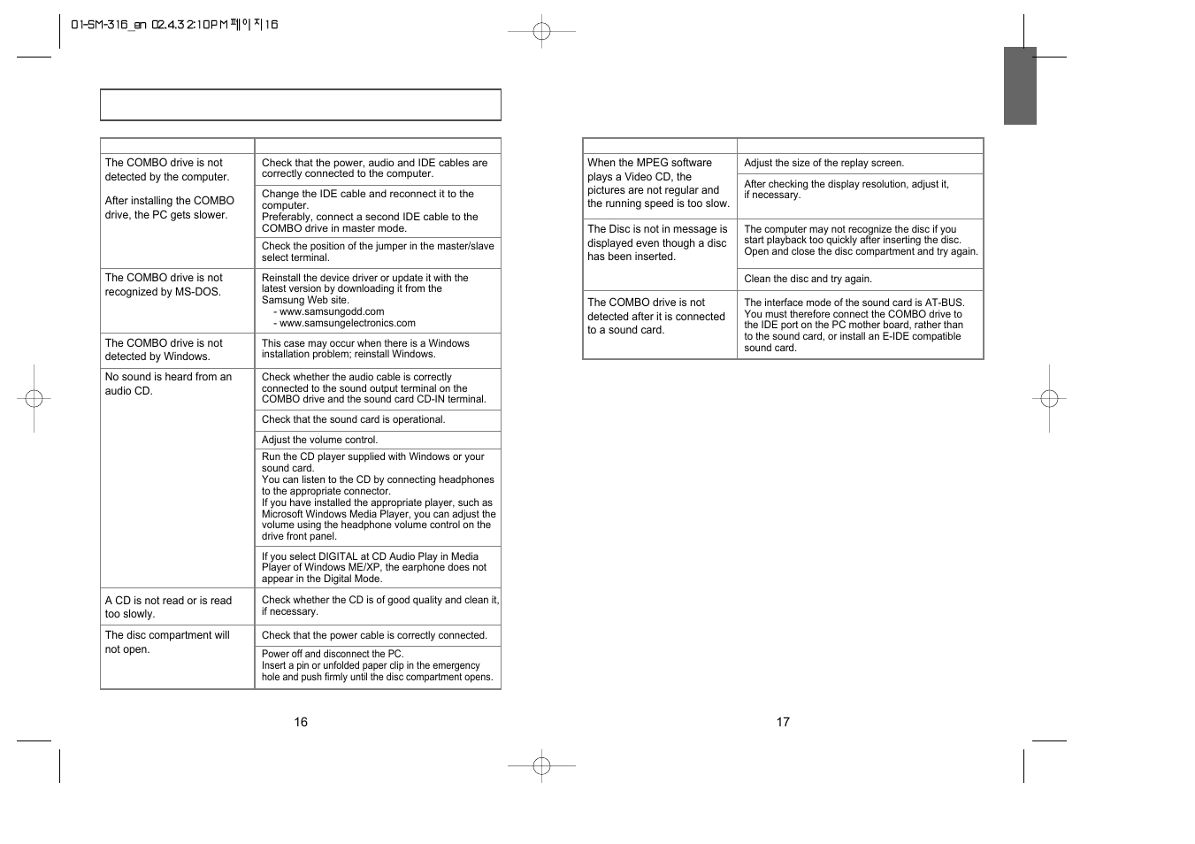 Solving technical problems | Samsung COMBO DRIVE SM-316 User Manual | Page 9 / 10