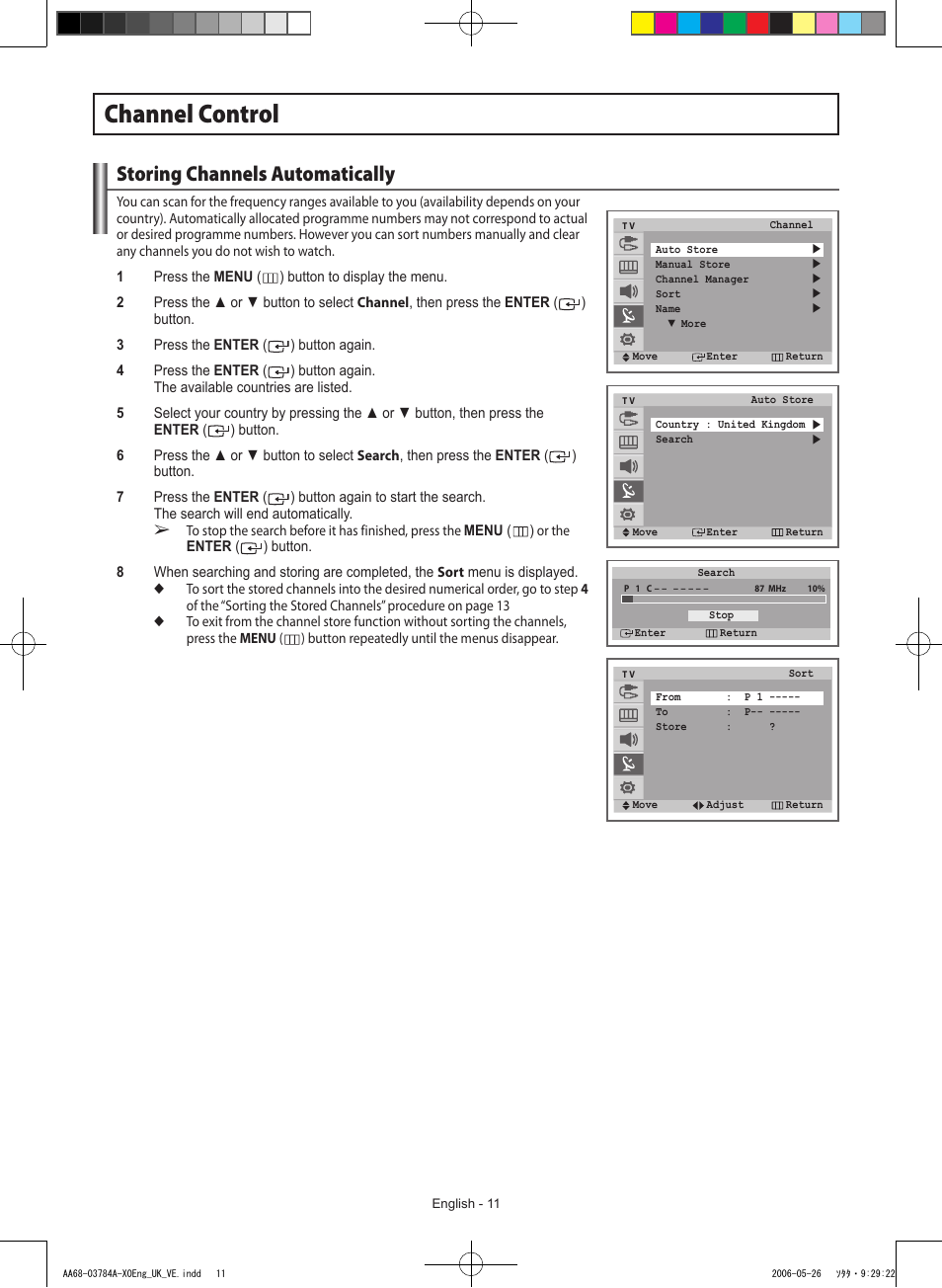 Channel control, Storing channels automatically | Samsung WS-32Z308T User Manual | Page 11 / 32
