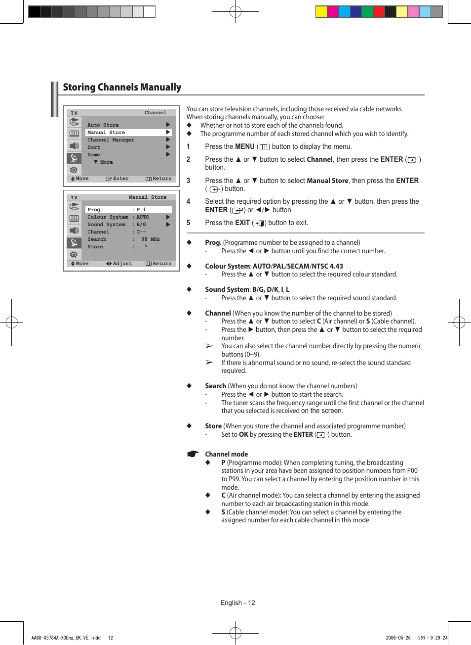 Storing channels manually | Samsung WS-32Z308T User Manual | Page 12 / 32