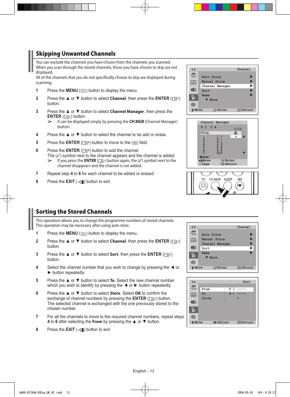 Skipping unwanted channels, Sorting the stored channels | Samsung WS-32Z308T User Manual | Page 13 / 32