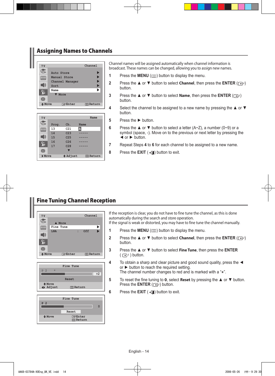 Assigning names to channels, Fine tuning channel reception | Samsung WS-32Z308T User Manual | Page 14 / 32