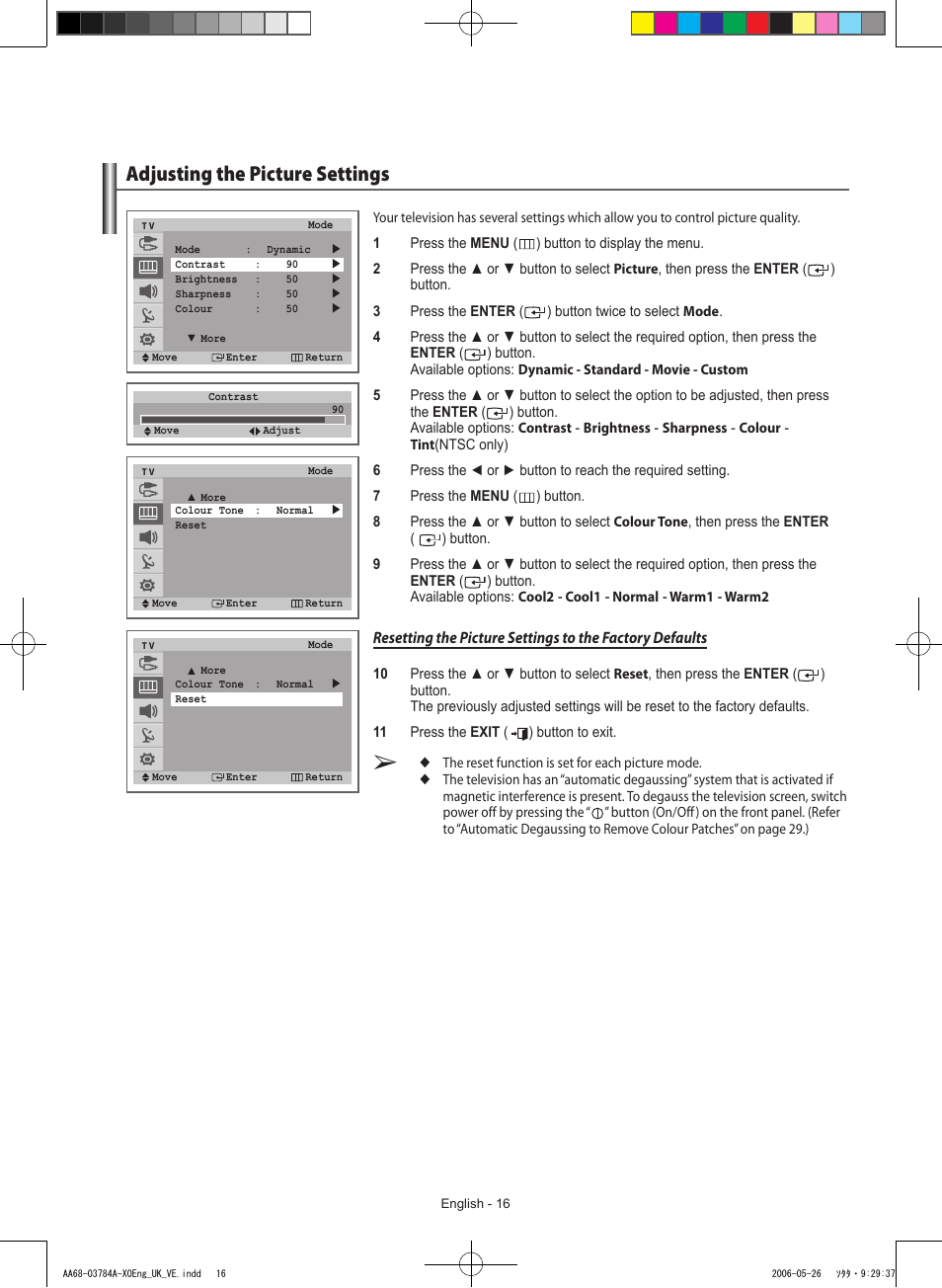 Adjusting the picture settings | Samsung WS-32Z308T User Manual | Page 16 / 32