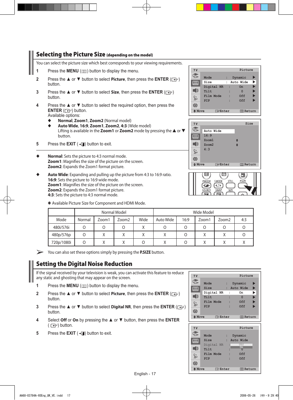 Selecting the picture size(depending on the model), Setting the digital noise reduction, Selecting the picture size | Samsung WS-32Z308T User Manual | Page 17 / 32