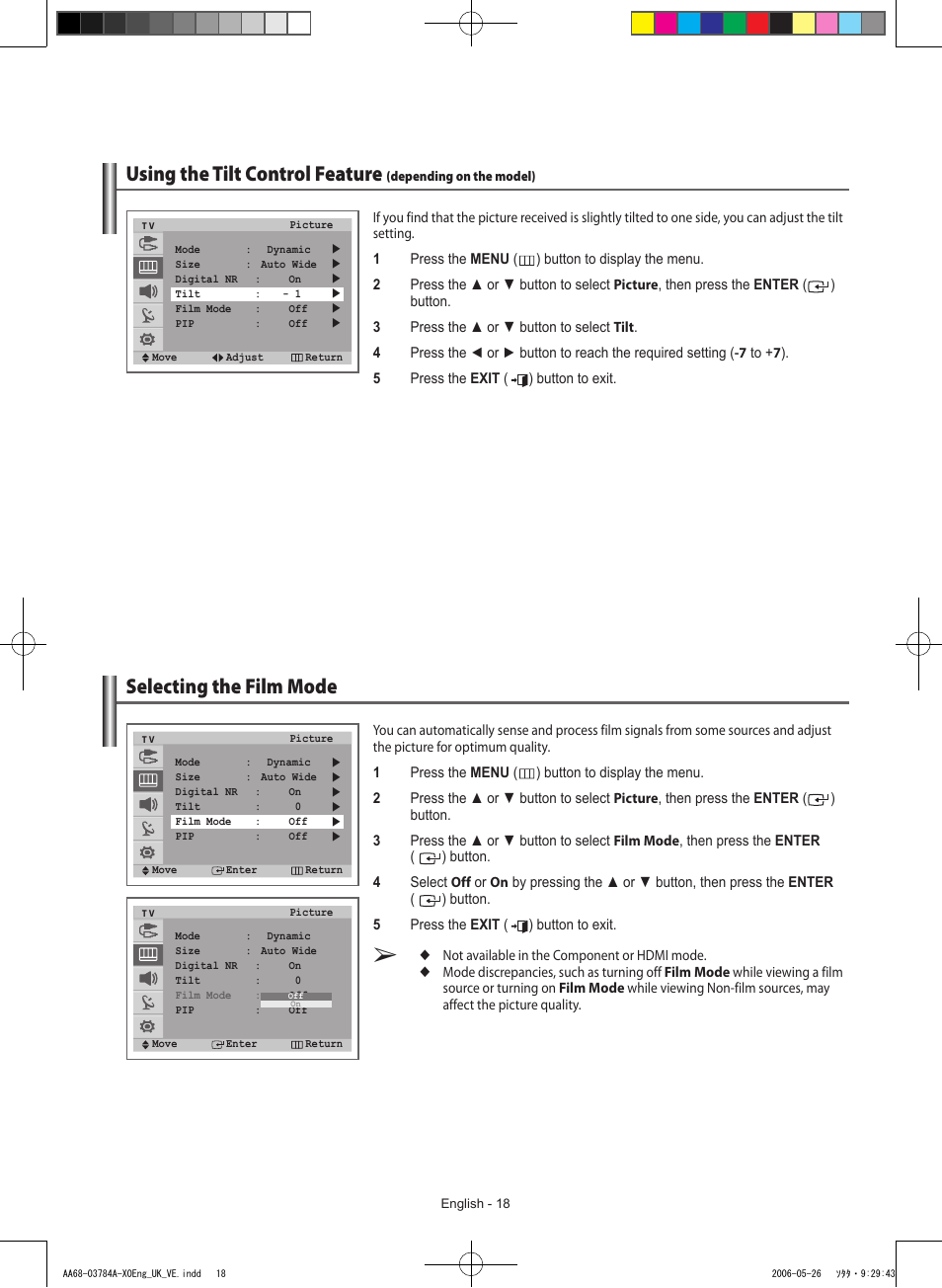 Selecting the film mode, Using the tilt control feature | Samsung WS-32Z308T User Manual | Page 18 / 32