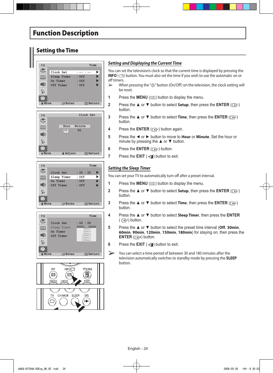 Function description, Setting the time | Samsung WS-32Z308T User Manual | Page 24 / 32