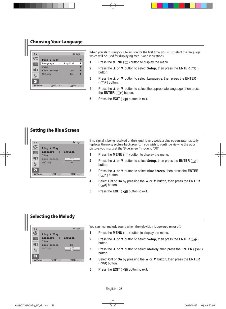 Choosing your language, Setting the blue screen, Selecting the melody | Samsung WS-32Z308T User Manual | Page 26 / 32