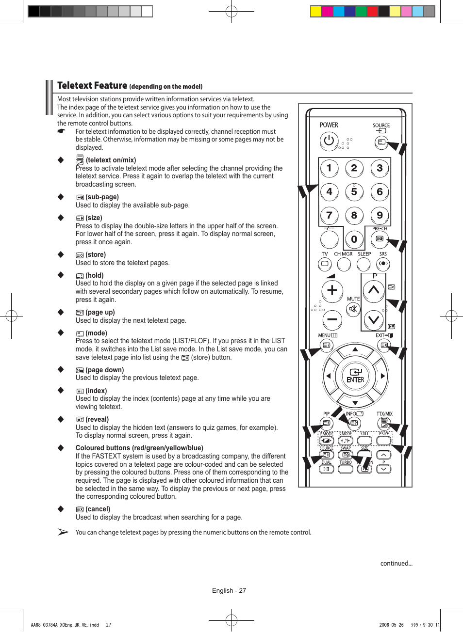 Teletext feature(depending on the model), Teletext feature | Samsung WS-32Z308T User Manual | Page 27 / 32