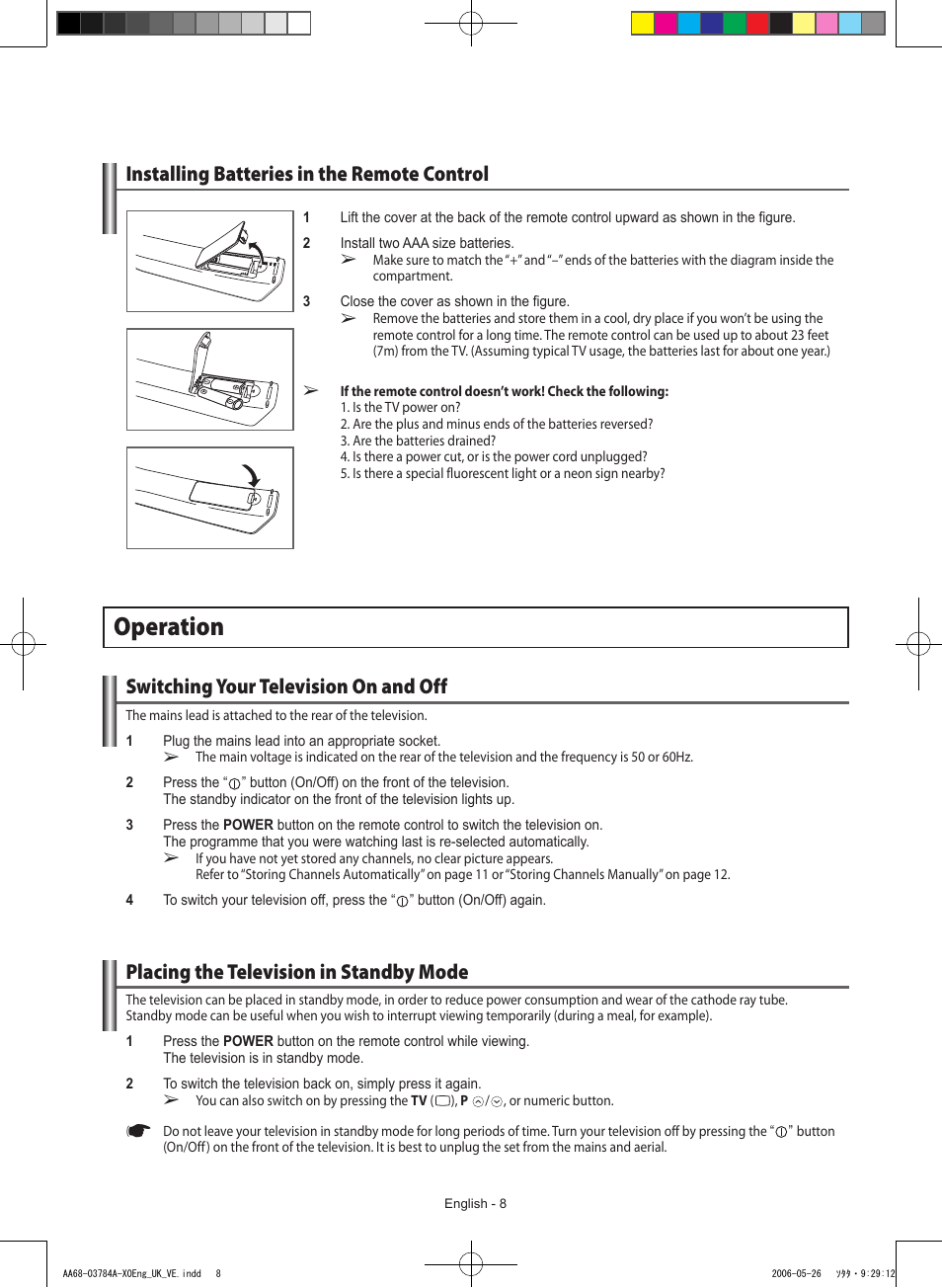 Installing batteries in the remote control, Operation, Switching your television on and off | Placing the television in standby mode | Samsung WS-32Z308T User Manual | Page 8 / 32