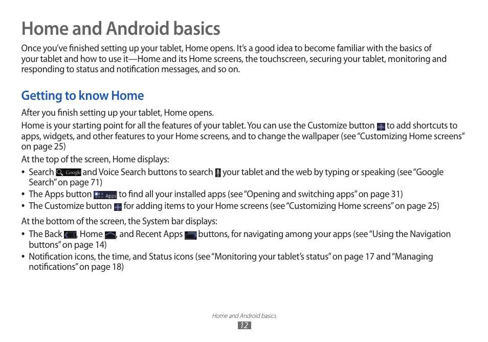Home and android basics, Getting to know home | Samsung GT-P7100 User Manual | Page 12 / 108