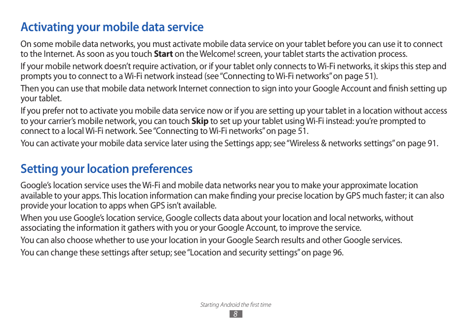 Activating your mobile data service, Setting your location preferences | Samsung GT-P7100 User Manual | Page 8 / 108