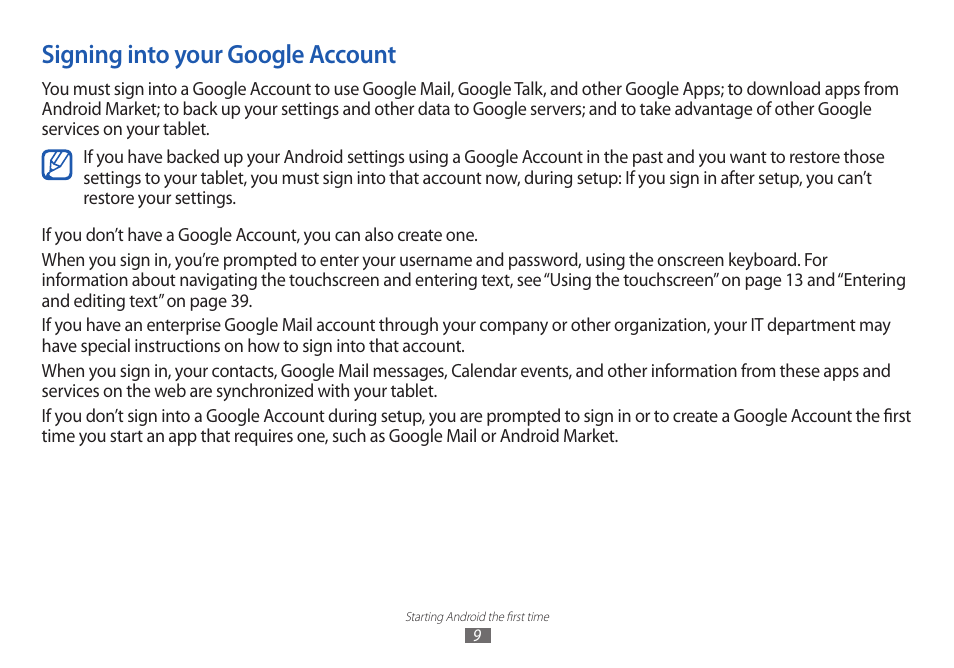 Signing into your google account | Samsung GT-P7100 User Manual | Page 9 / 108